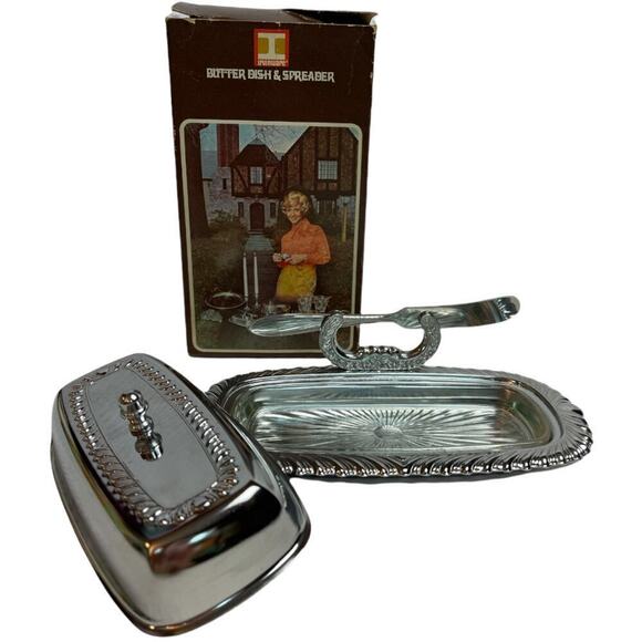 1971 Vintage Irvinware Chrome Plated Glass Insert With Lid & Knife Butter Dish - Picture 1 of 5